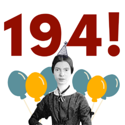 emily dickinson graphic standing in front of numbers 194! and balloons