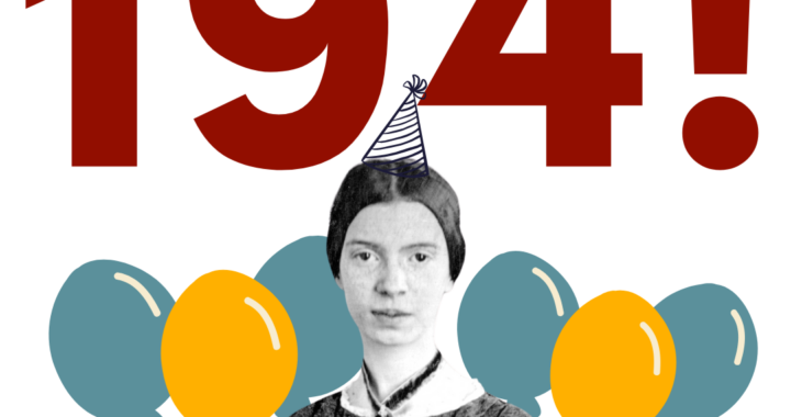 emily dickinson graphic standing in front of numbers 194! and balloons