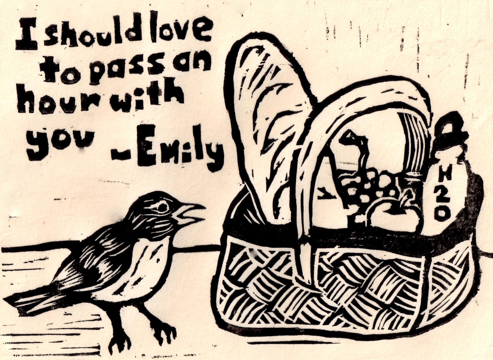 woodcut showing a bird and a picnic basket and the words I should love to pass an hour with you - Emily