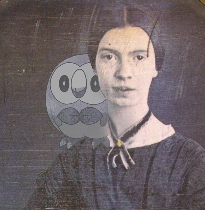 Daguerreotype of Emily Dickinson with the Pokemon 'Rowlet' photoshopped onto her shoulder