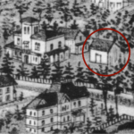 archival lithograph showing the carriage house next to The Evergreens