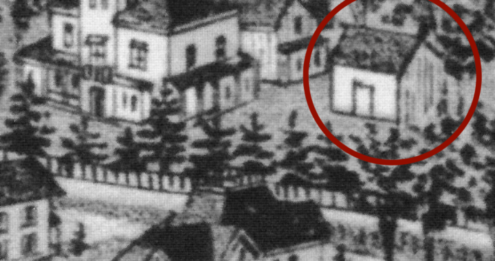 archival lithograph showing the carriage house next to The Evergreens