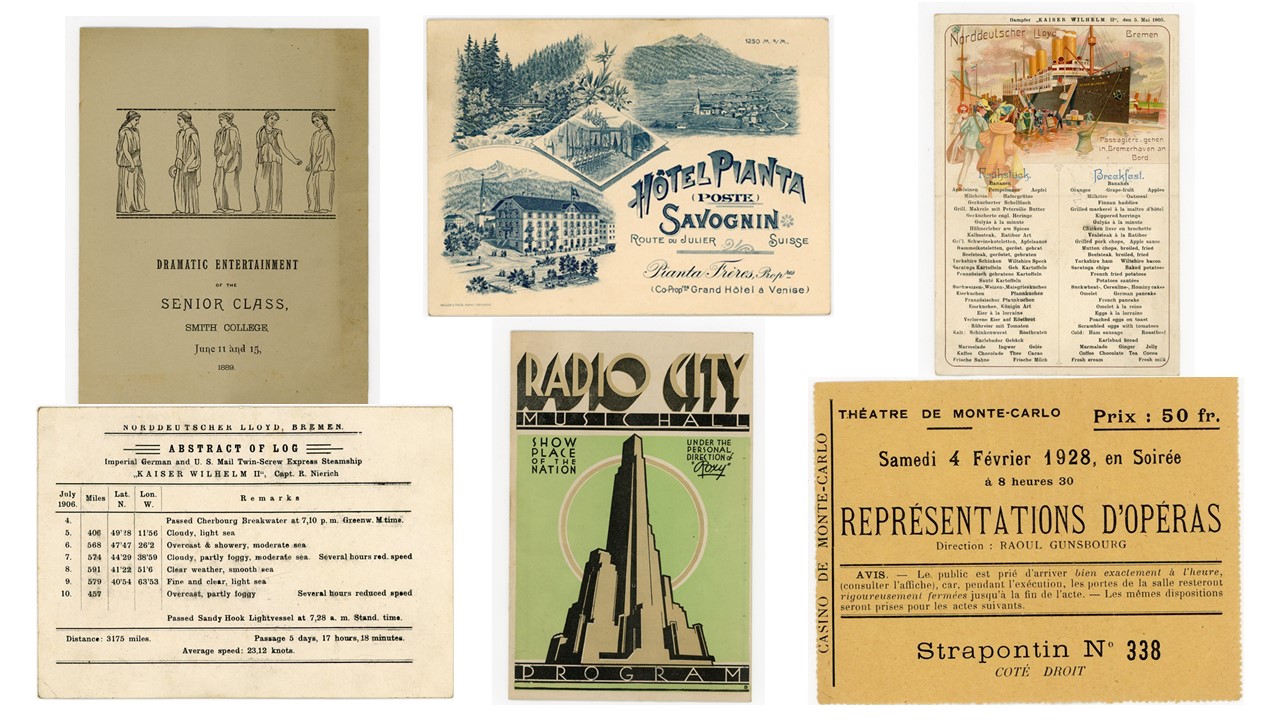 Martha Dickinson (Mattie) Bianchi's assortment of travel souvenirs, including menus, theater programs, travel tickets and more!